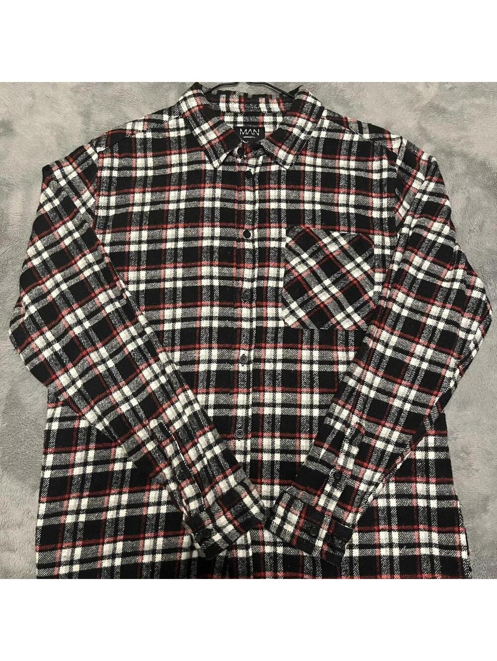Large Boohoo Man Black & Red Flannel Long Sleeve Shirt
